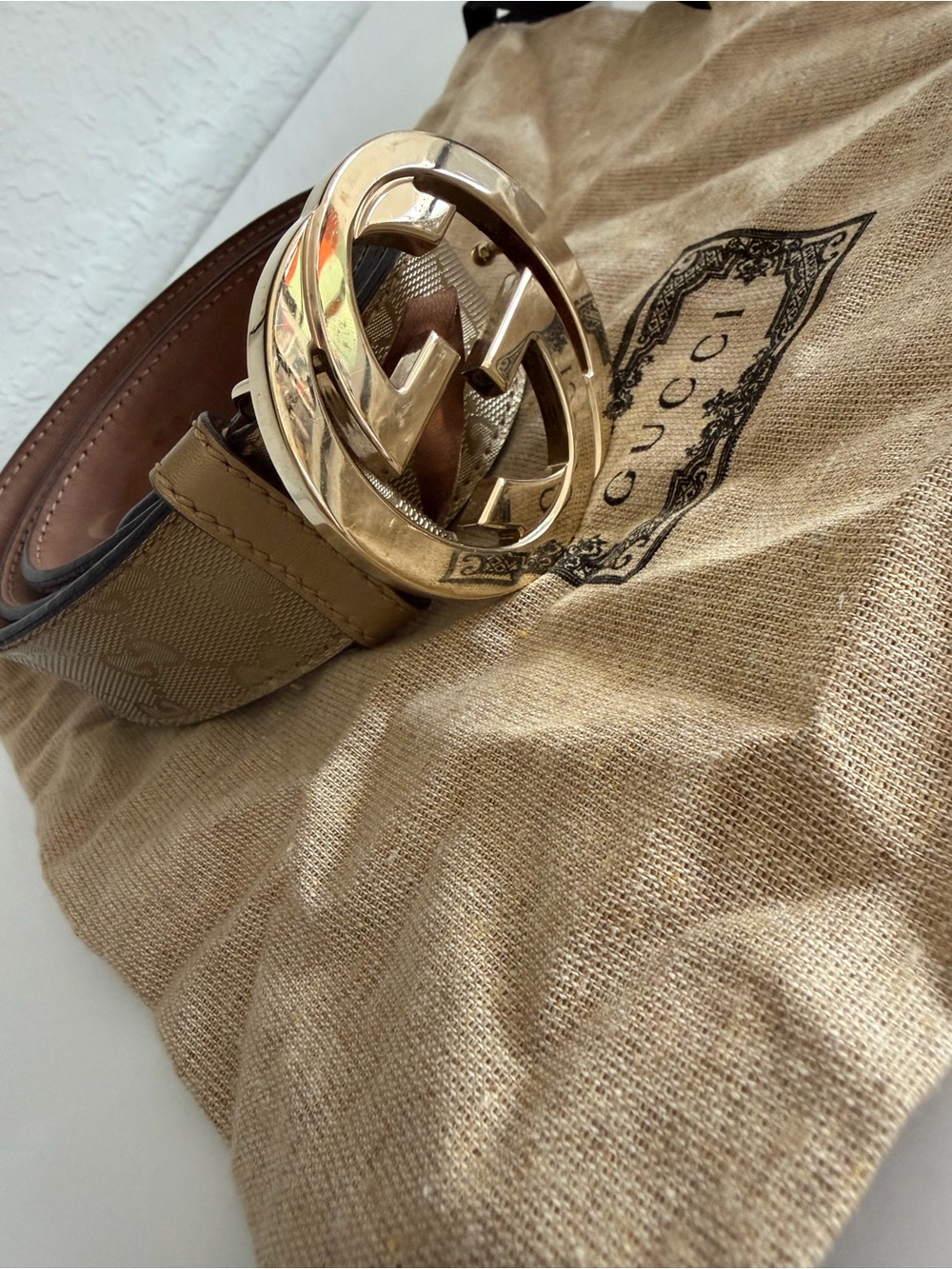 Gucci Beige Canvas Leather Belt with Gold GG Buckle - Picture 12 of 12